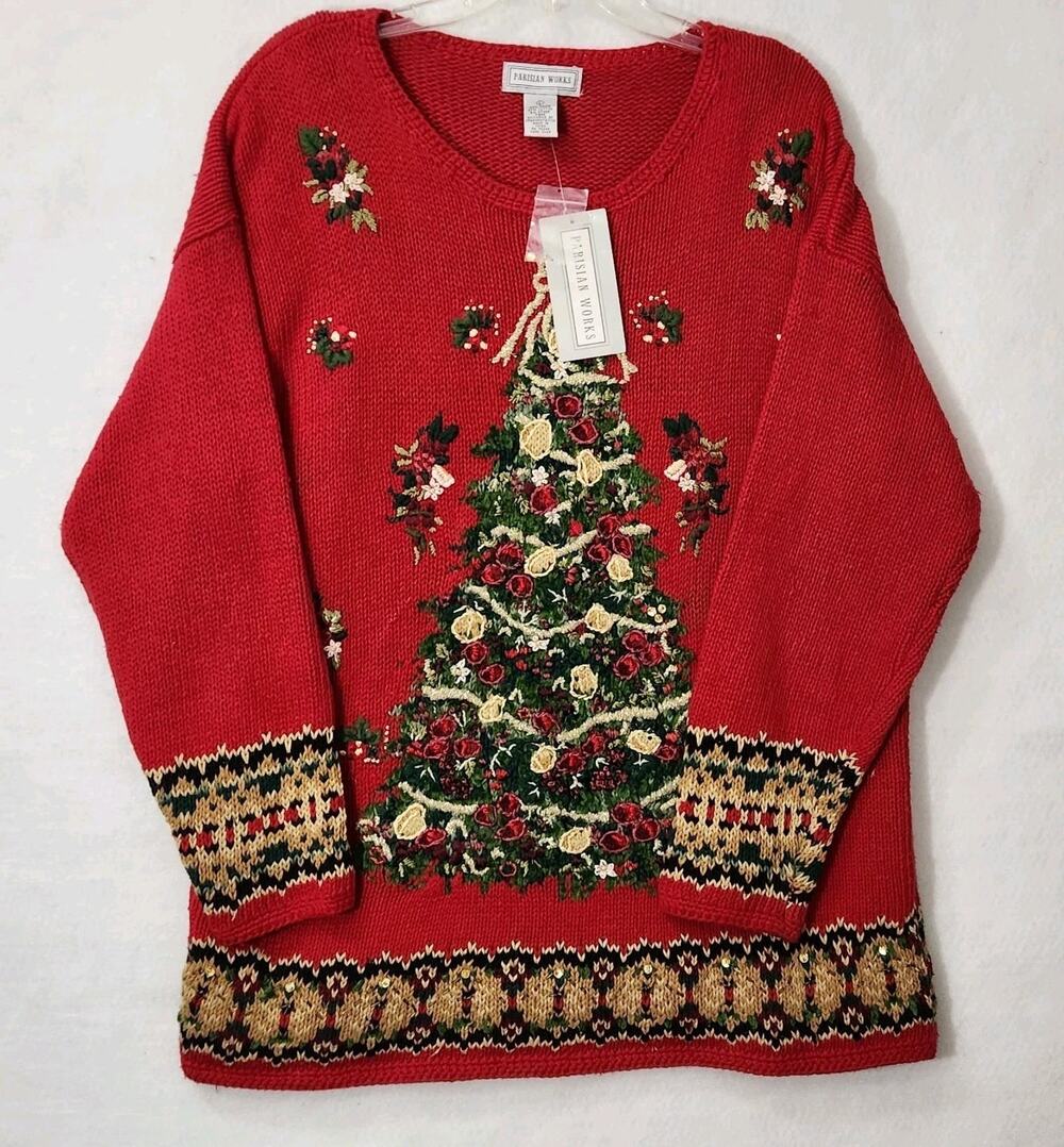 VTG NWT PARISIAN WORK 90s Red Christmas Sweater Cotton Y2K Holiday SZ LG Teacher